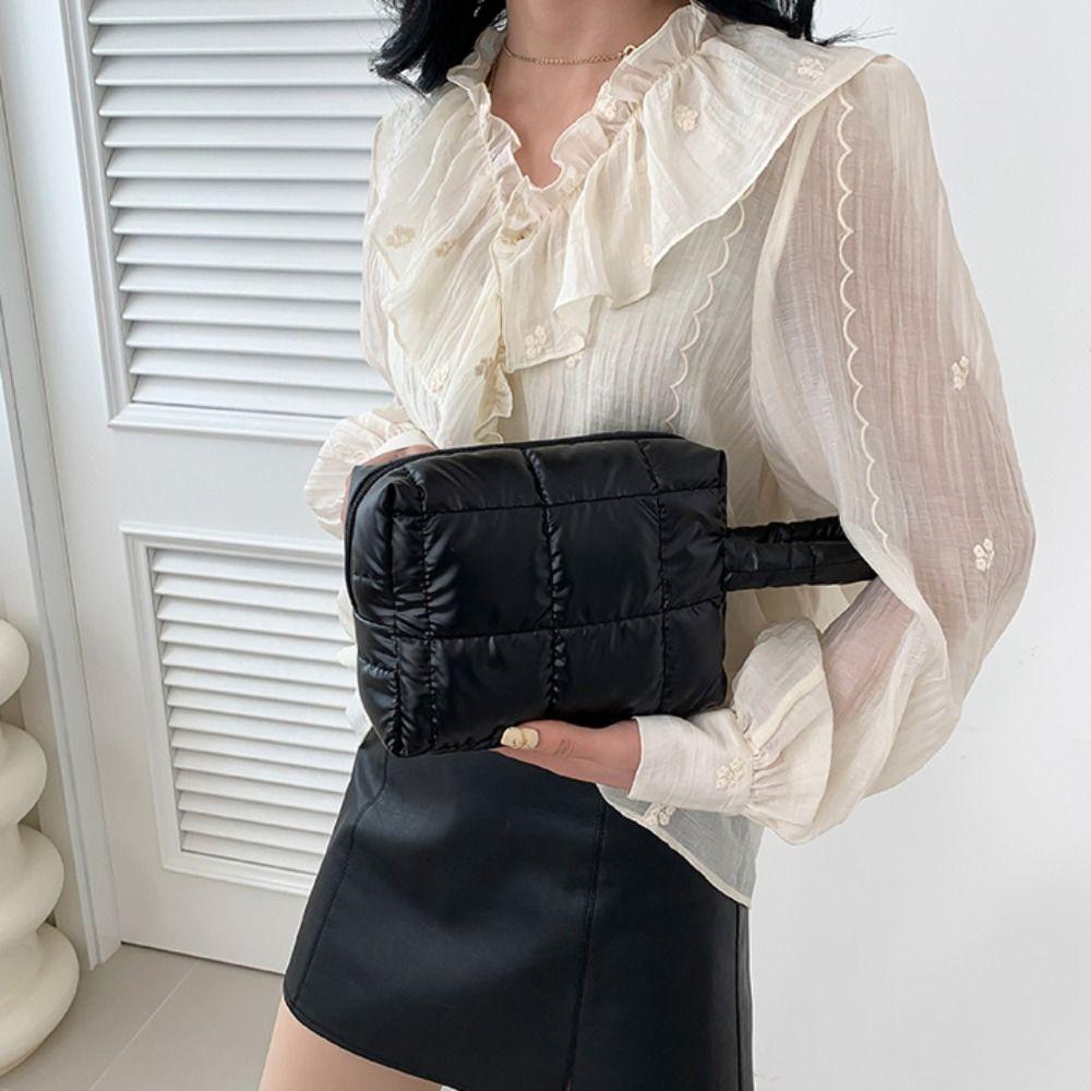 Solid Color Padded Makeup Bag Quilted Plaid Clutch Bag Simple Puffer Handbag  Ladies