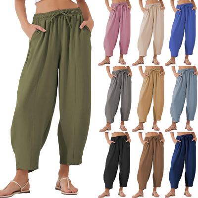 Hosen für Damen, lässig, einfarbig, Sommer, elastische Taille, locker, leicht, Kordelzughose mit Taschen