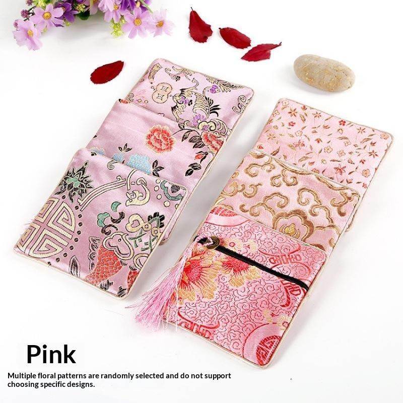 Traditional Chinese Brocade Square Pouch Embroidery Pattern Tassel Zipper Waterproof for Jewelry Cosmetic Home Travel Use