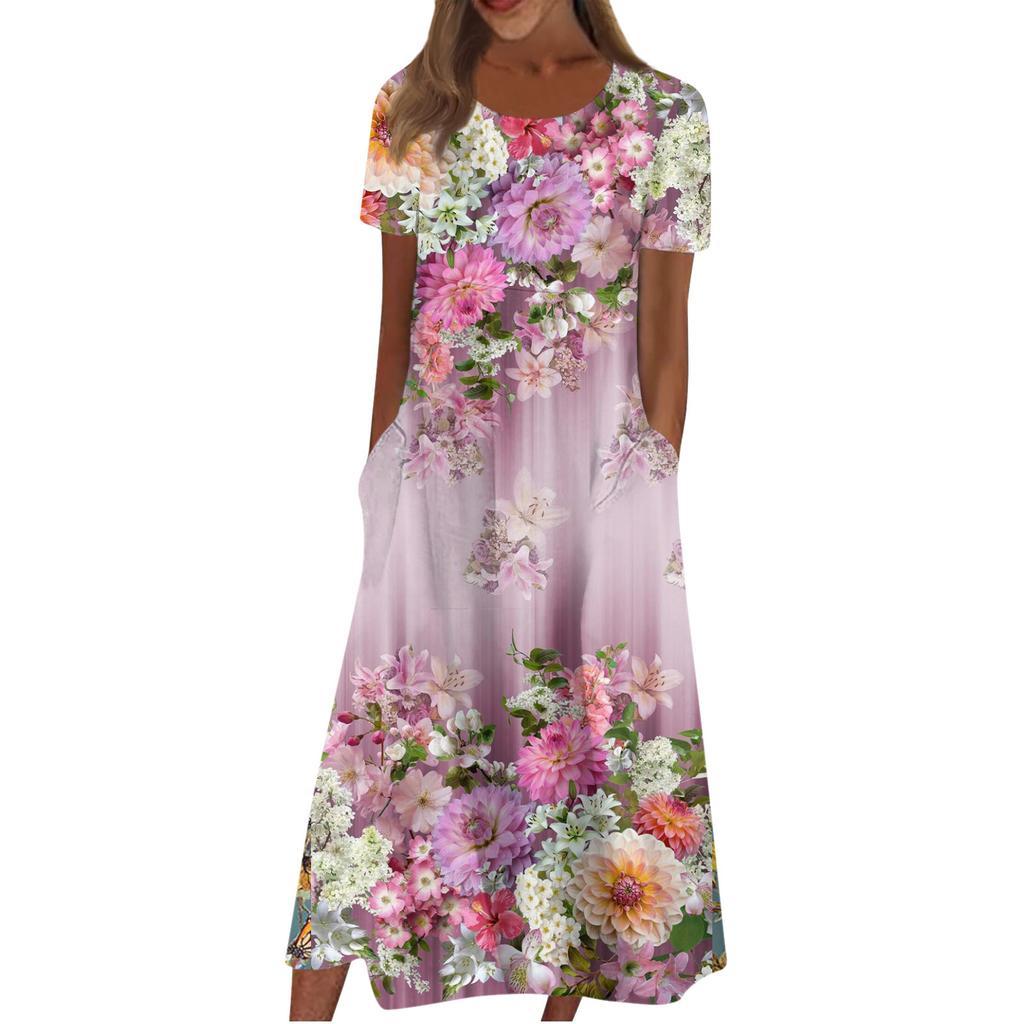 Women's Casual Dresses Printed Dresses Summer Dresses Printed Pleated Round Neck Midi Dresses Basic Classic Outdoor Daily Short Sleeve Loose Dresses