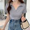 Special Cotton Elastane Polo Short-sleeved T-shirt Women's Summer Slim V-neck Solid Color Short Sweet and Spicy Top