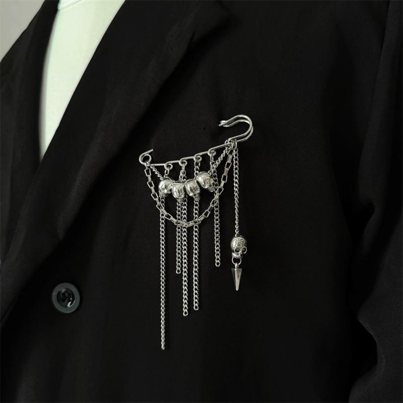 Gothic Style Skull Tassel Chain Brooches Pins For Women Clothing Coat Jewelry Accessries Gifts
