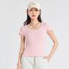 2025 Summer Slim Fit Women's Square Neck T-Shirt - Solid Color, Short Sleeves, Exposed Clavicle, Cotton Blend