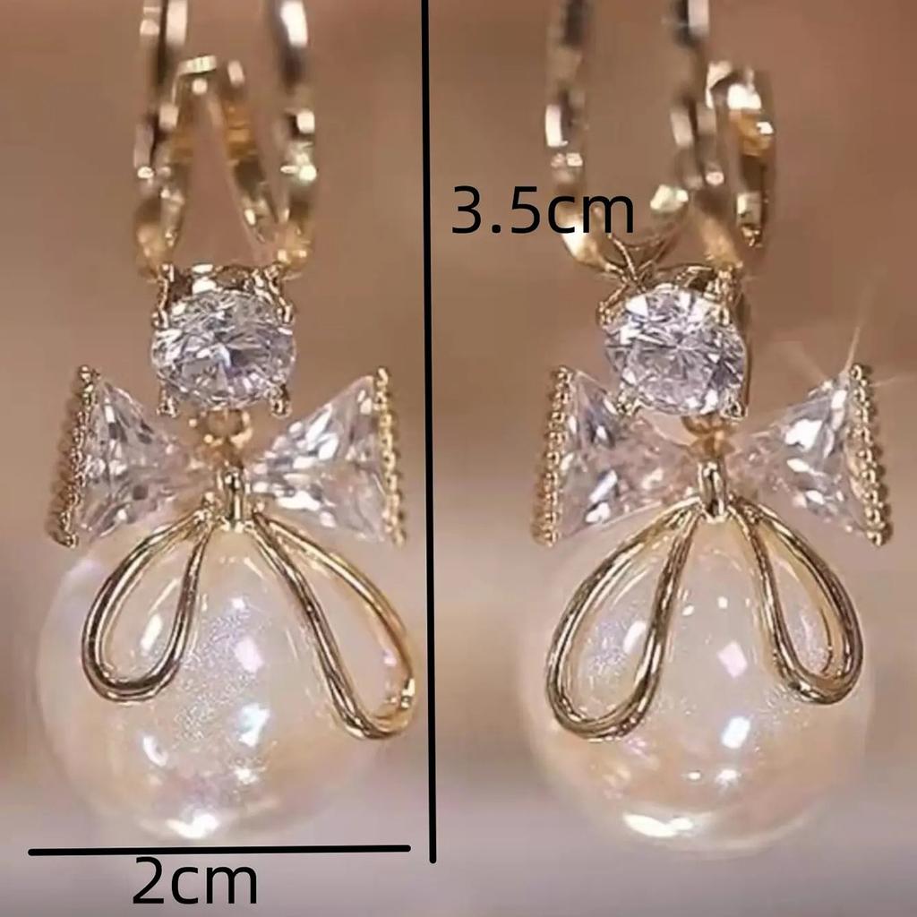 1 Pair Women's Sparkling Crystal Pendant Earrings Bow Shaped Design Gold Natural Zircon Pendant Elegant Fashionable Earrings