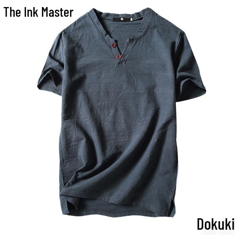 Men's Plus Size Summer Cotton-Linen V-Neck Loose Fit Short Sleeve T-Shirt