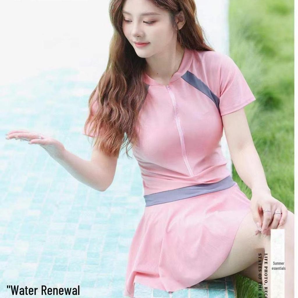 2024 Trending Women's One-Piece Skirt Swimsuit: Color-Contrast, Slimming, Belly-Covering, Conservative, Student Style, Sun-Protective