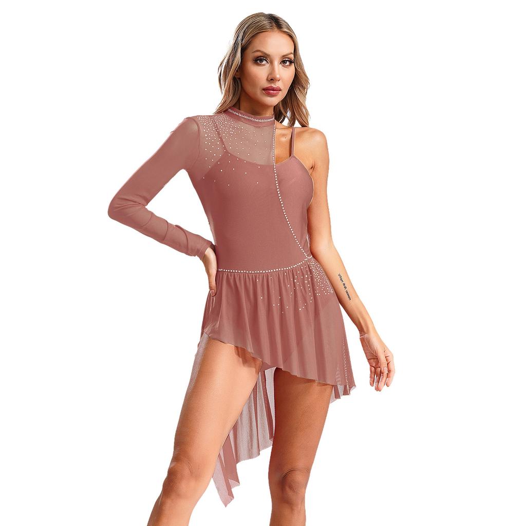 Womens Asymmetrical Lyrical Dancewear Long Sleeve Spaghetti Straps Patchwork Irregular Hem Dresses