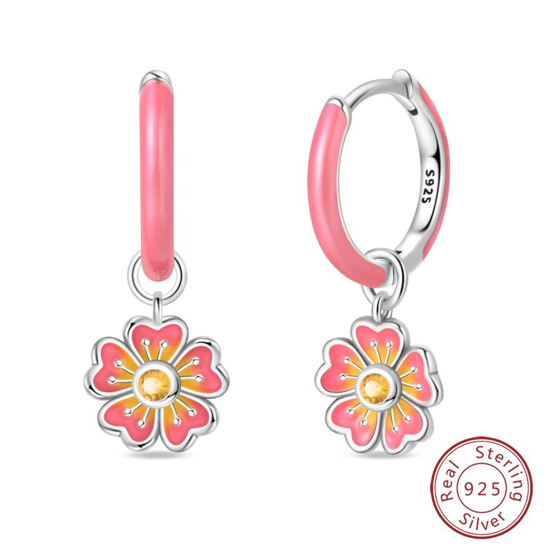 New 925 Silver Bee Butterfly Pink Lily Lotus Earrings For Women Cherry Apple Strawberry Ear Studs Elegant Party Jewelry