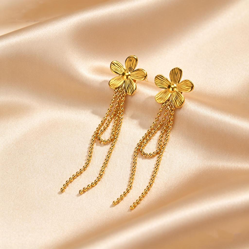 Exquisite Stainless Steel Flower Long Tassel Drop Earrings for Women Gold Plated Trendy Hypoallergenic Piercing Jewelry Gifts