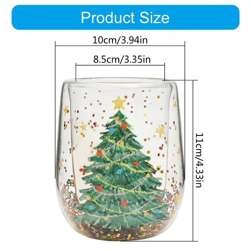Drinking Cup with Christmas Tree Sparkles Double Walled Sparkling Christmas Tree Glass Mug for Warm Beverages