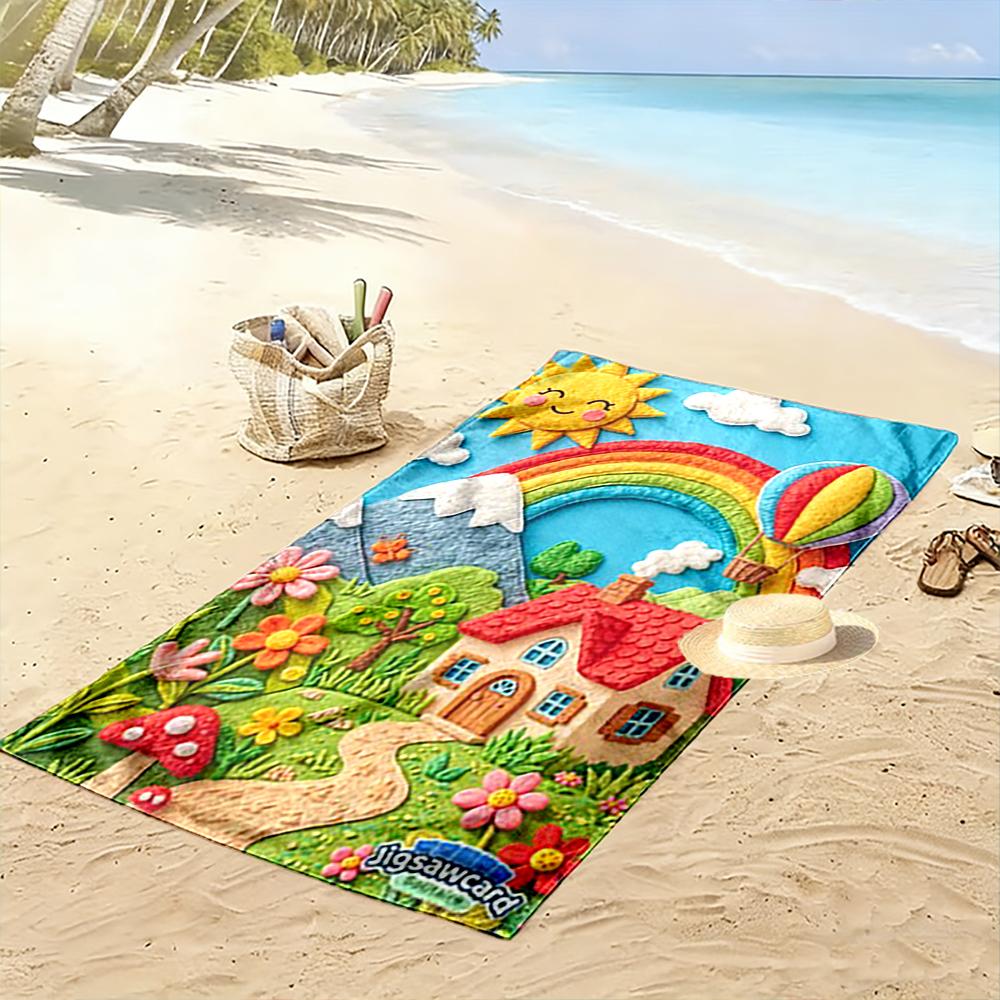 Colorful Cottage with Rainbow and Sun - Beach Towel Quick-drying for Travel Outdoor Sports Jogging Beach and Swimming