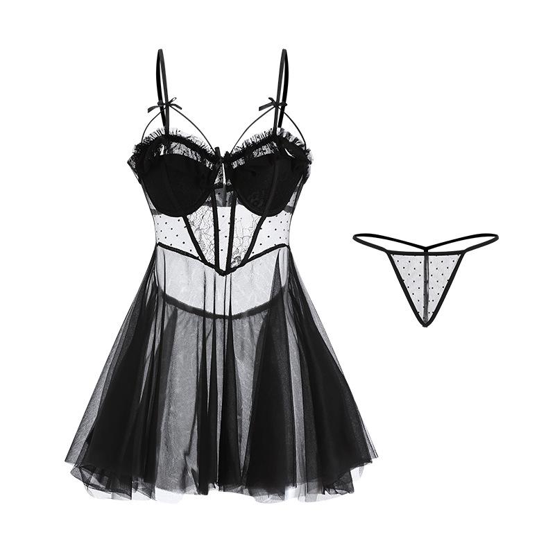 Damen Sexy Netz-Nachthemd mit Polsterung Bügel Trägerhemd Spitze Durchsichtiges Kleid und Tanga Set