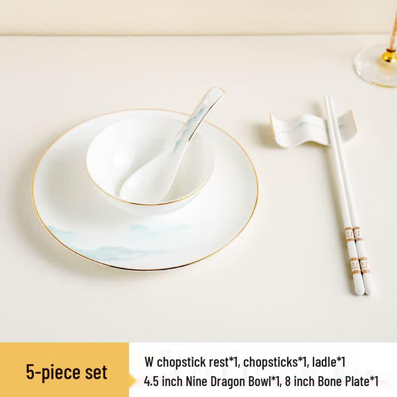 Peach Garden Chinese Landscape Gold Rim Bone China 8-Piece Dinnerware Set