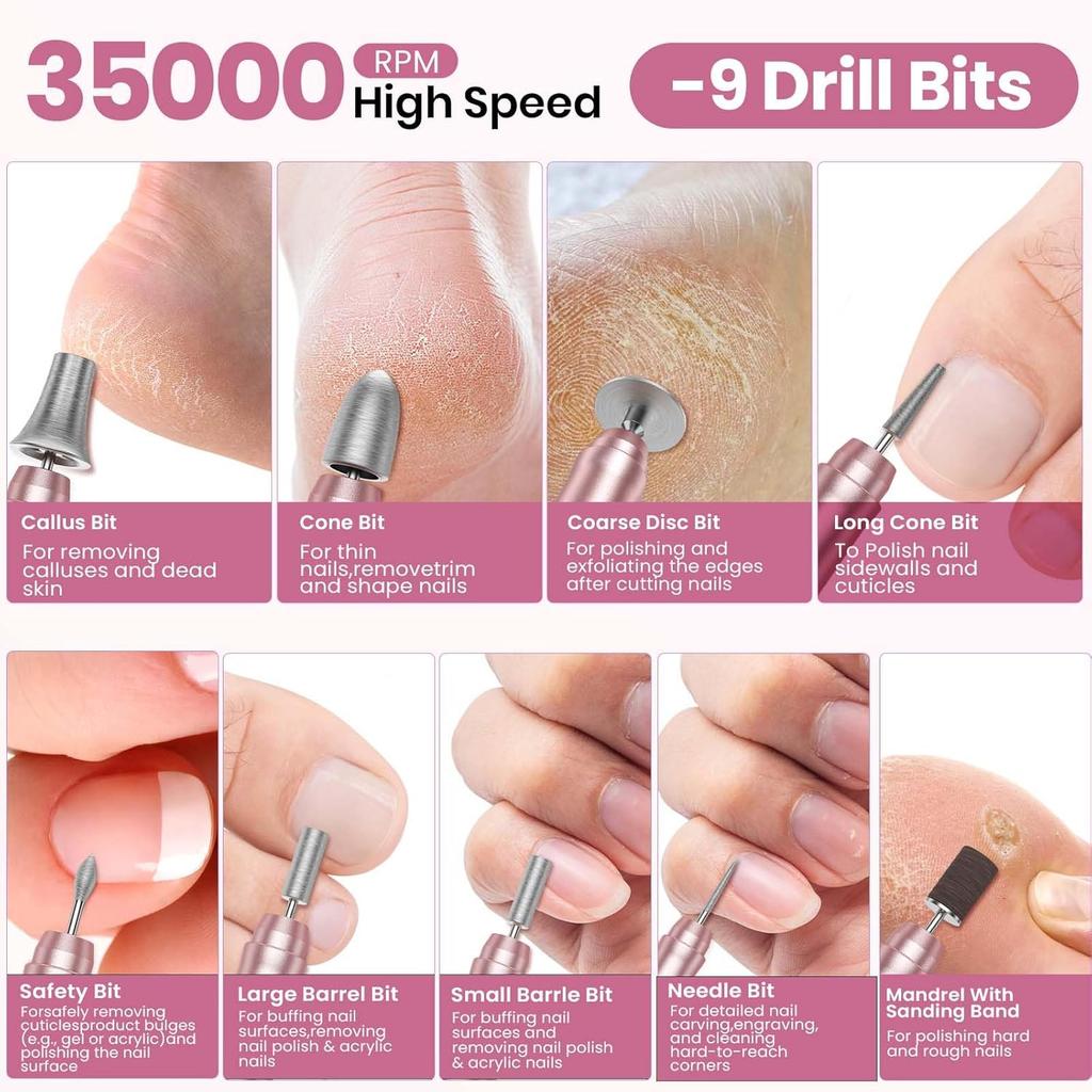 Nail Drill  Portable Electric Nail File for Acrylic Gel Nails, Professional Manicure