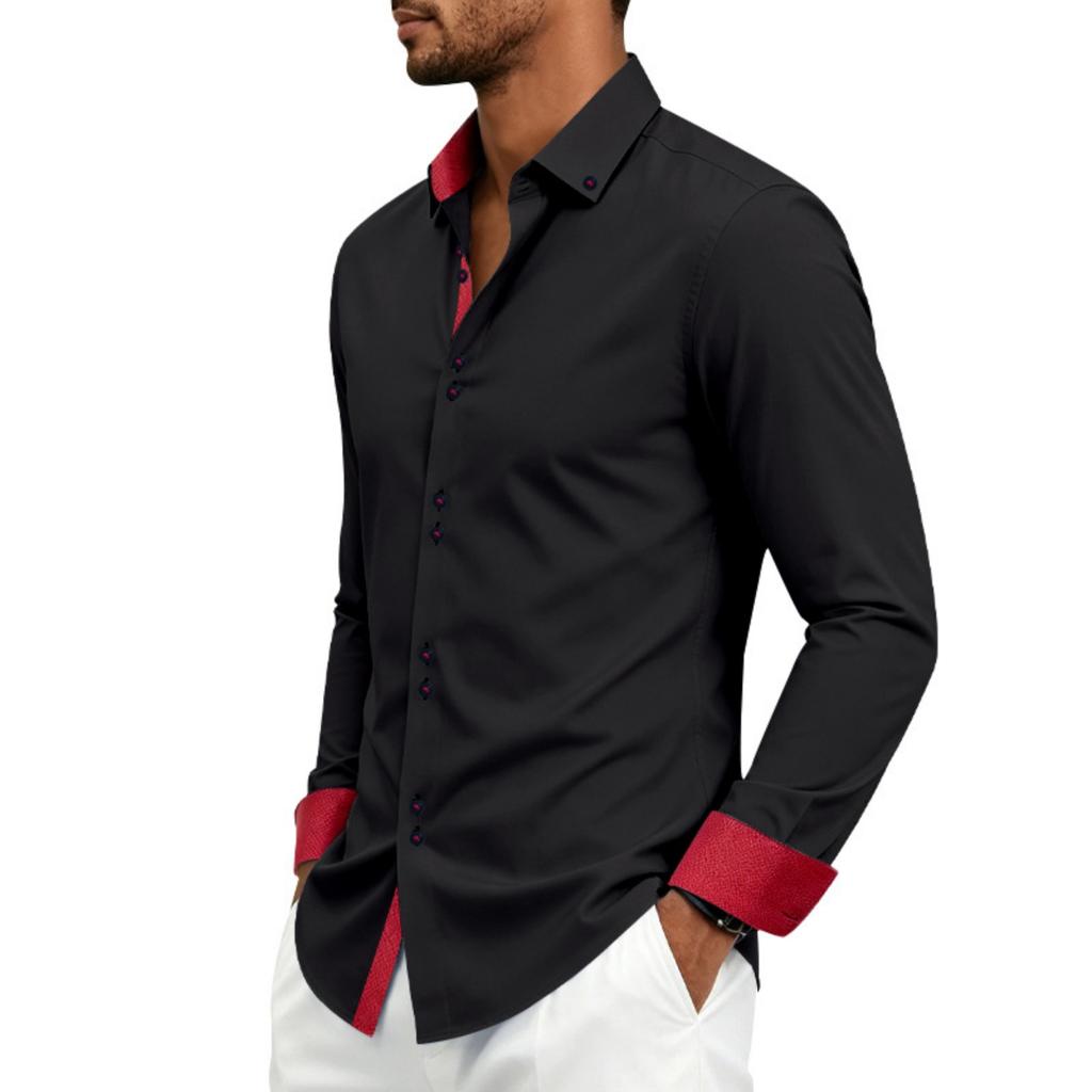 Men's Casual Business Long Sleeve Shirt Stretch Breathable Double Button Collar Slim Fit Dress Shirt for Office Work or Formal Occasions