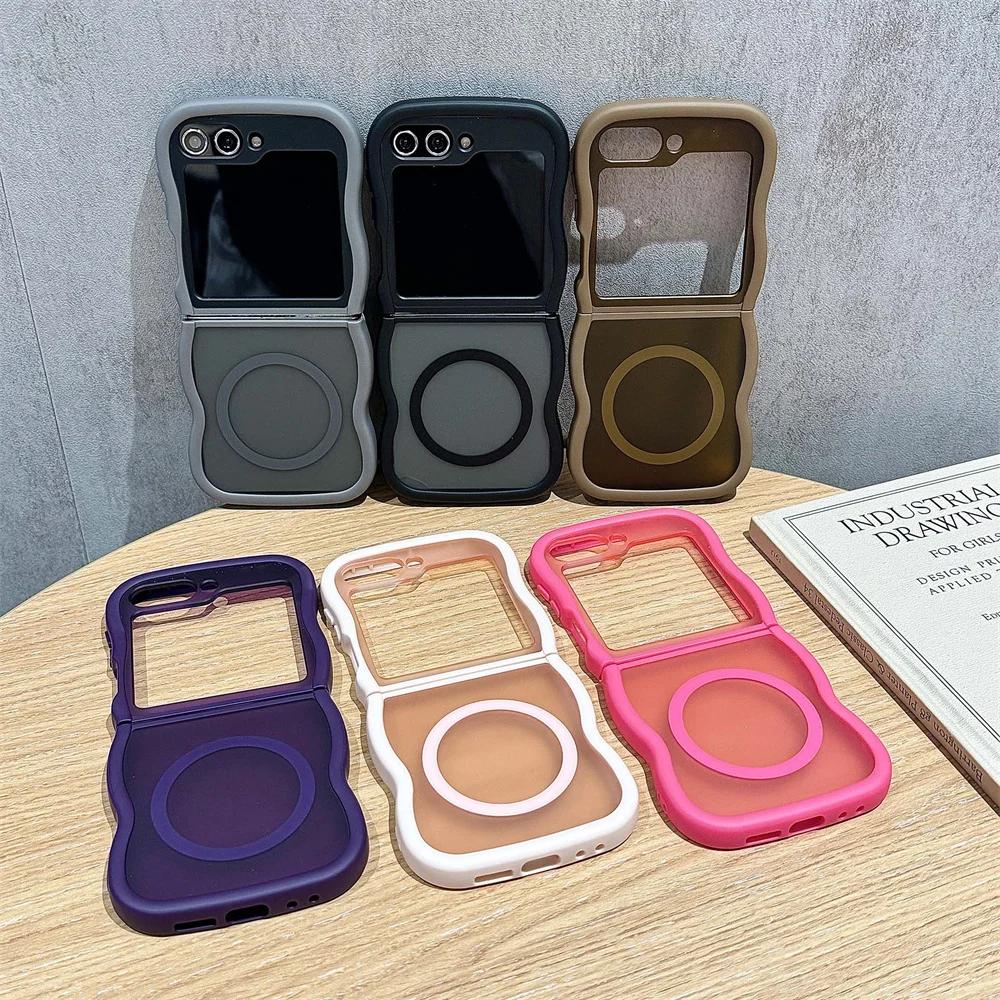 Curly Wavy Frame Hard Translucent Matte Clear Cover For Samsung Galaxy Z Flip 6 5 4 3 5G For Magsafe Magnetic TPU Phone Case