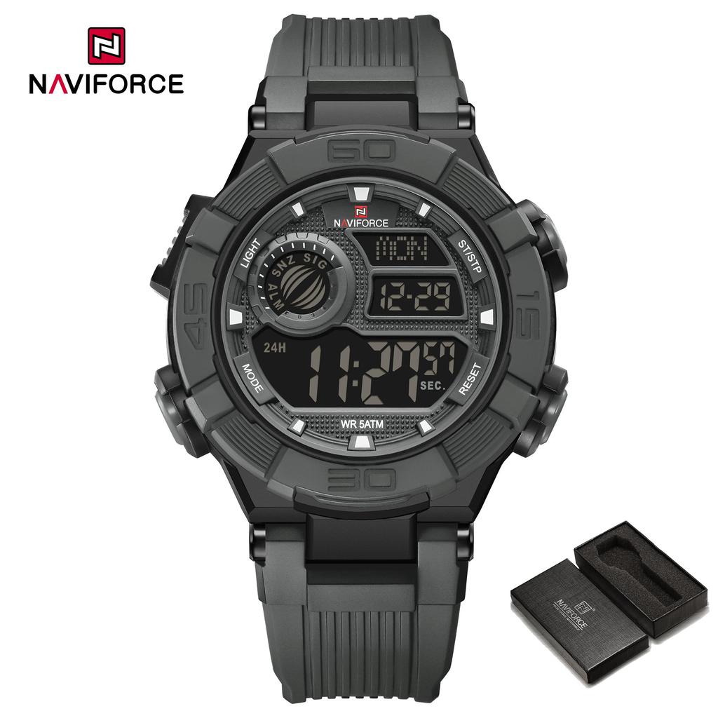 Naviforce Men LCD Watch Ditital Movement Lightweight Silicone Strap 50m Waterproof Calendar Date Alarm Night Pattern Boy Gift Watch NF7131