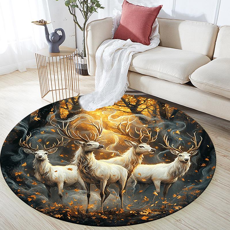 Enchanted Forest Deer Round Area Rug,Carpet Rug for Living Room Bedroom Sofa Playroom Decor,Non-slip Floor Mat