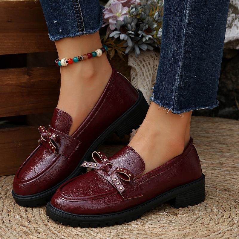 Fashion Loafer Women's Autumn New Round Toe Deep Mouth Rivet Bow Platform Non-Slip Wear-Resistant Medium Heel Single Shoes