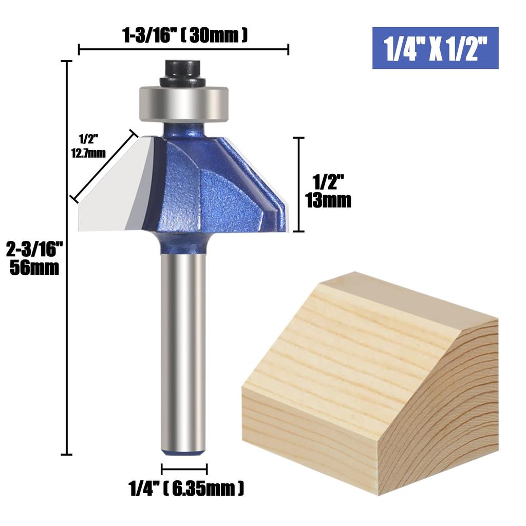 Vearter Trimmer Chamfer Solid Carbide Corner Router Bevel Milling Bevel Chamfering Cutting DIY Woodworking Router Bit for Electric Trimmers 4-Piece