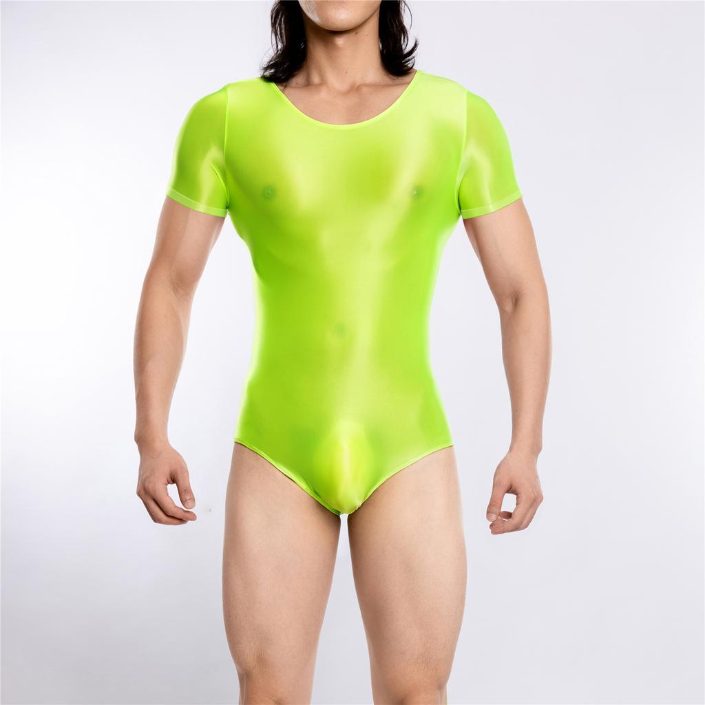 Sexy Men Sheer See Through High Cut Bodysuit Oil Glossy Shiny Maid Tights Stain Yoga Elastic Shaping Leotard Dance Wear