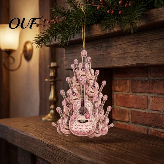 Western Cowboy Tree Decoration Guitar Hanging Ornament, 2D Flat Acrylic Pendant, or Country Music Theme, Small Gift for Musicians Hat Boots Christmas