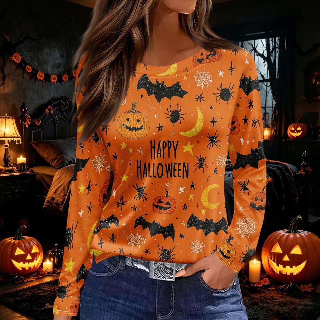 Women's Round Neck Long Sleeve Top with Halloween Print and Side Slit for Fall Festive Occasions