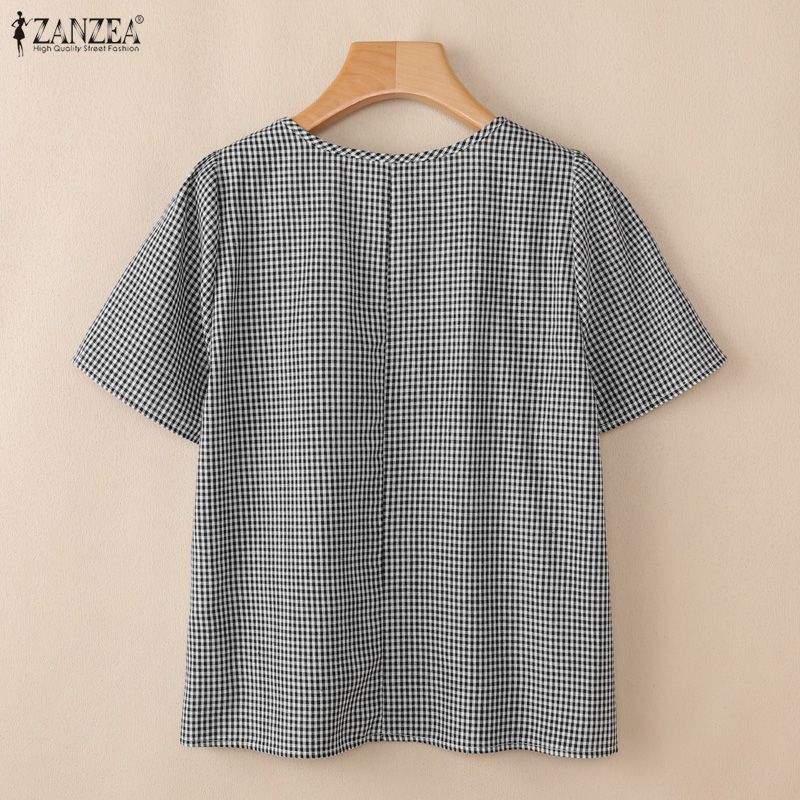 ZANZEA Blusa da Donna Casual Girocollo Stampa a Quadri Manica Corta Larga