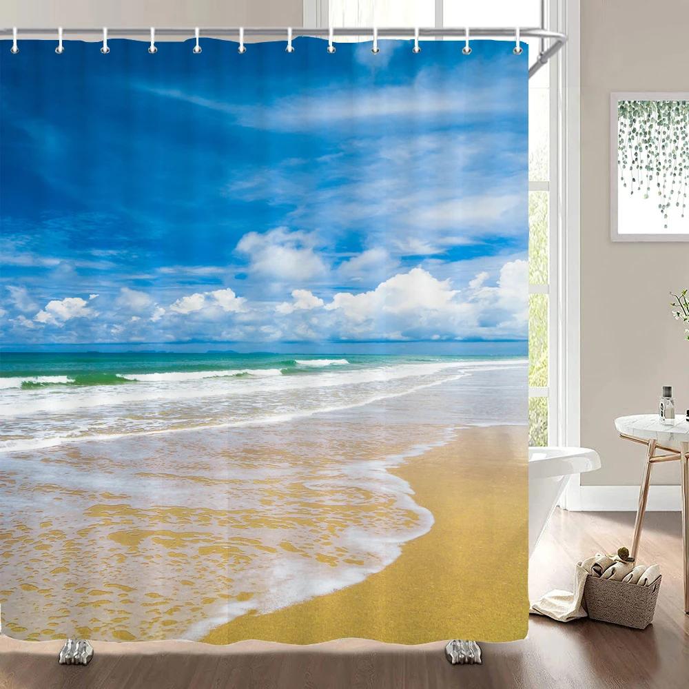 3d Strand Landschaft Duschvorhänge Meer Ozean Mittelmeer Badezimmer Vorhang Wasserdichte Stoff Dekoration 180*240 cm Bad Vorhang