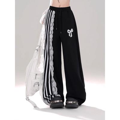 American Sports Casual Pants Women's New Autumn Bow Print Lace Edge Patchwork Design All Matching Long Pants