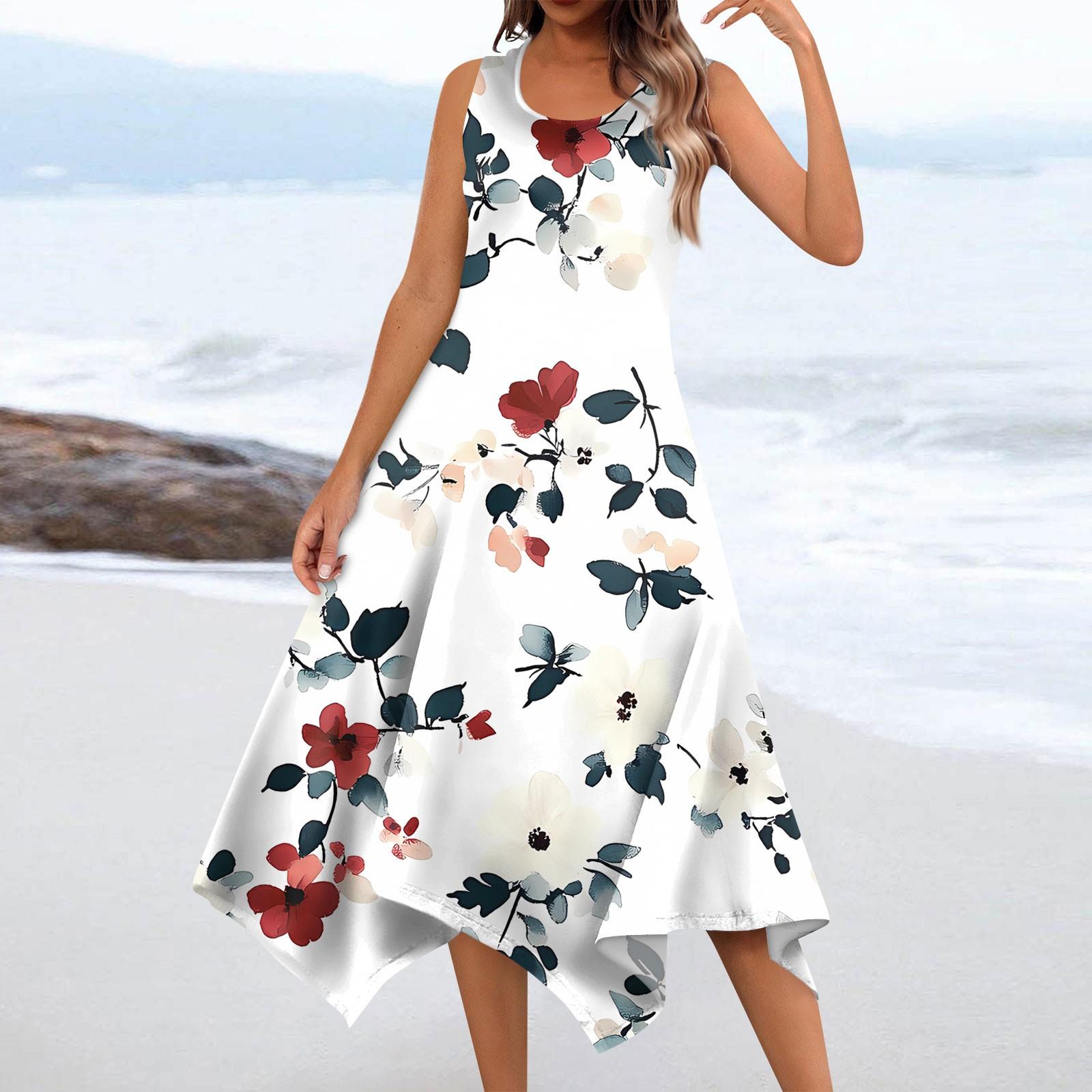 

Женское повседневное модное платье миди без рукавов с круглым вырезом и цветочным принтом, нерегулярный подол XL белый