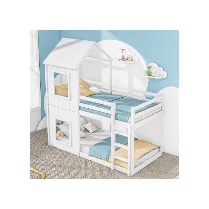 Etagenbett - MUVOE - 90x200 cm - Massivholz - Weiß - Mit Leiter und Baldachin