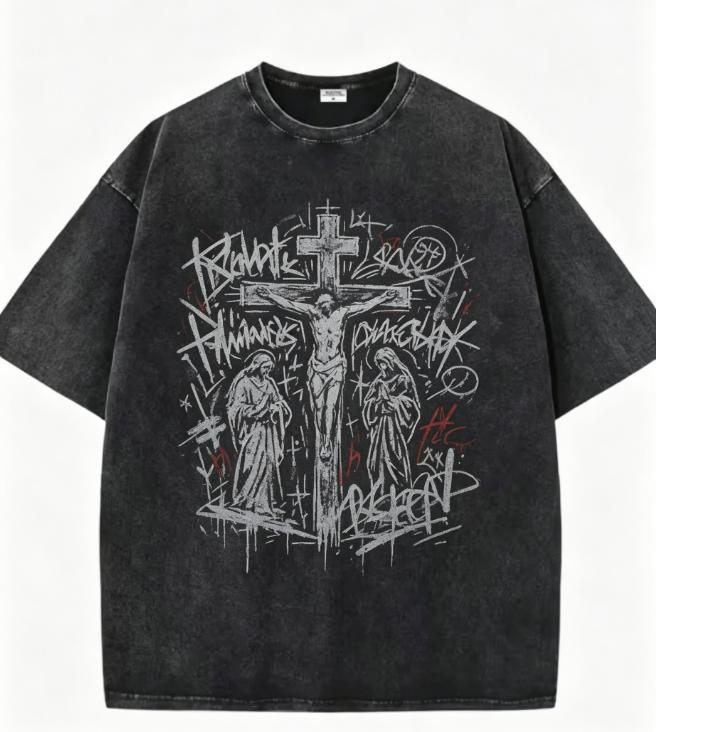 Gothic Christian Cross Print T Shirt Mens Oversized Washed Black Tee Retro Graffiti Streetwear Casual Tops