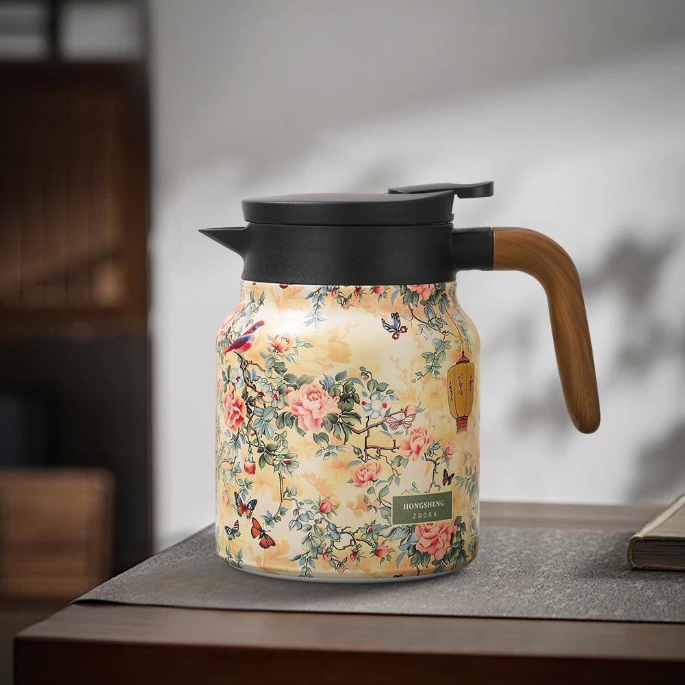 0.8/1L Vintage Floral Tea Kettle Stainless Steel Mini Hot Coffee Pot Built-in Infuser Tea Separation Water Bottle for Kitchen