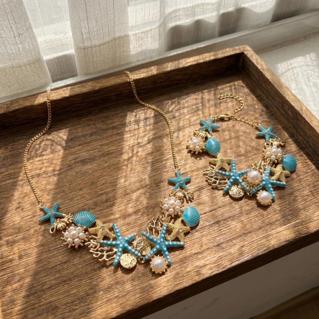 Imitation Pearl Blue Enamel Starfish Shell Coral Necklace Bracelet Set For Women Men Summer Sea Animal Beach Party Jewelry Set