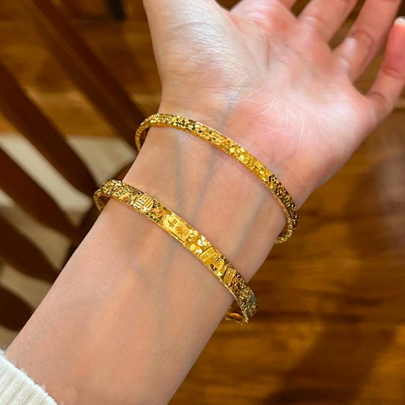New Chinese Style Gold Crushed Ice Bangle with Auspicious Words - Versatile Open Design