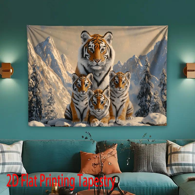 Majestic Tiger Family Tapestry Mother Tiger with Cubs In Snowy Mountains Wall Hanging Wild Animal Room Decor Extra Large Size