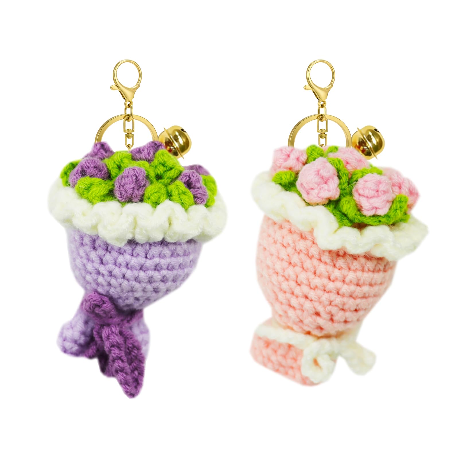 

[siawadeky] Bouquet Keychains, Rose Crochet Bouquet Keychains, Set of 2, Hanging Pendant, Knitted Key Ring, Wallet, Car, Bag Accessory, Decorative