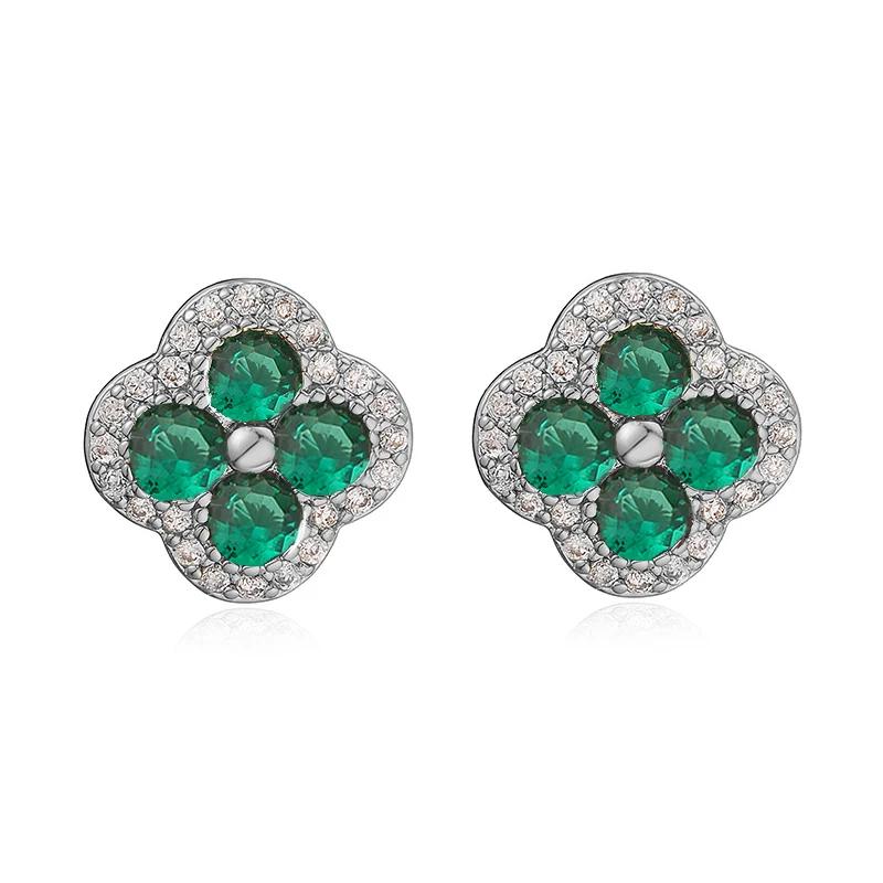 18K Golden Plated Inlaid CZ Stone Flower Shape Stud Earrings Sparkling Multi-colour 4-Leaf Flower Earrings Romantic Jewelry