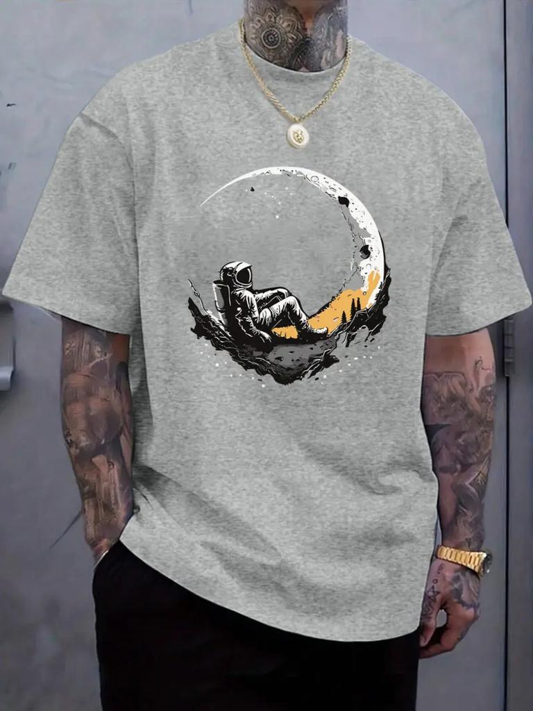 Unisex Black Summer Short Sleeve Crew Neck Tee Astronaut Rest On Crescent Moon Star Print Loose Streetwear Casual Daily Unisexs Top