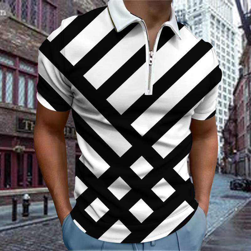 

Повседневная футболка с лацканами, молодежная модная футболка с застежкой-молнией, футболка с коротким рукавом, мужская футболка с трехцветным 3D-принтом XXL белый