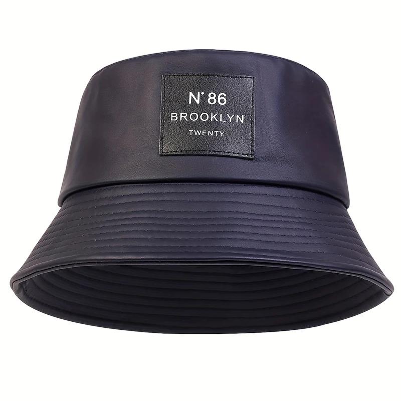 Unisex Kapelusz Bucket Hat z Skórzaną Metką Brooklyn Kapelusz Rybacki ze Skóry PU Kapelusz Outdoorowy Podróżny Kapelusze Przeciwsłoneczne dla Mężczyzn Kobiet Kapelusze Bucket Hat