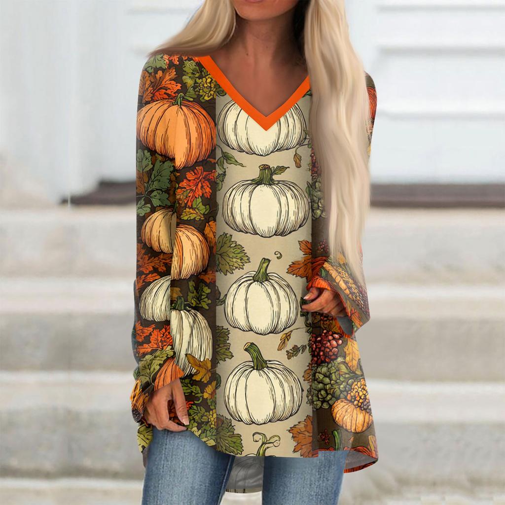 Women's Casual Long Sleeve V-Neck Halloween Print T-Shirt Mid-Length Top