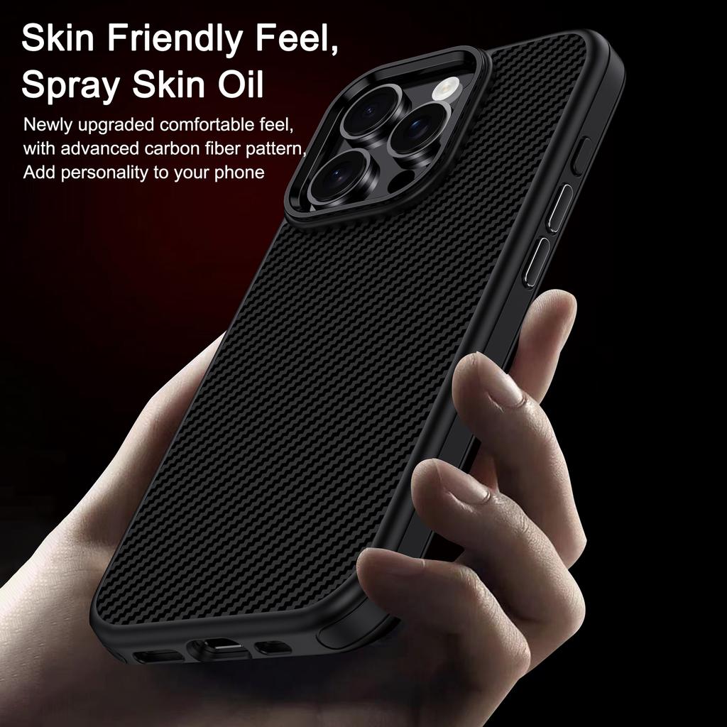 IPAKY For iPhone 16 Pro TPU Case Carbon Fiber Texture Phone Cover Metal Lens Frame