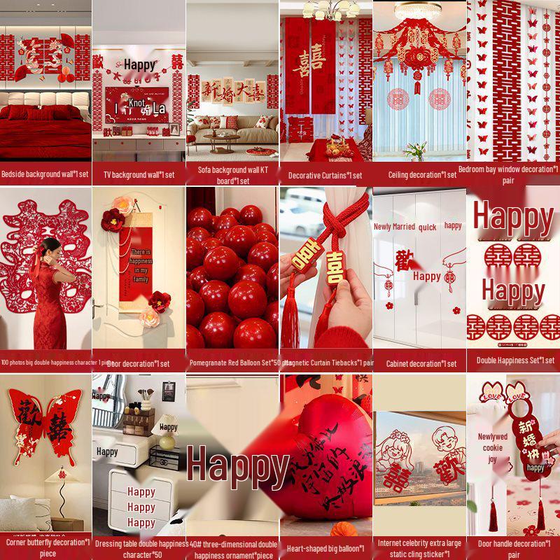 Complete Wedding Room Decoration Set: Bride & Groom's Bedroom with Double Happiness Theme