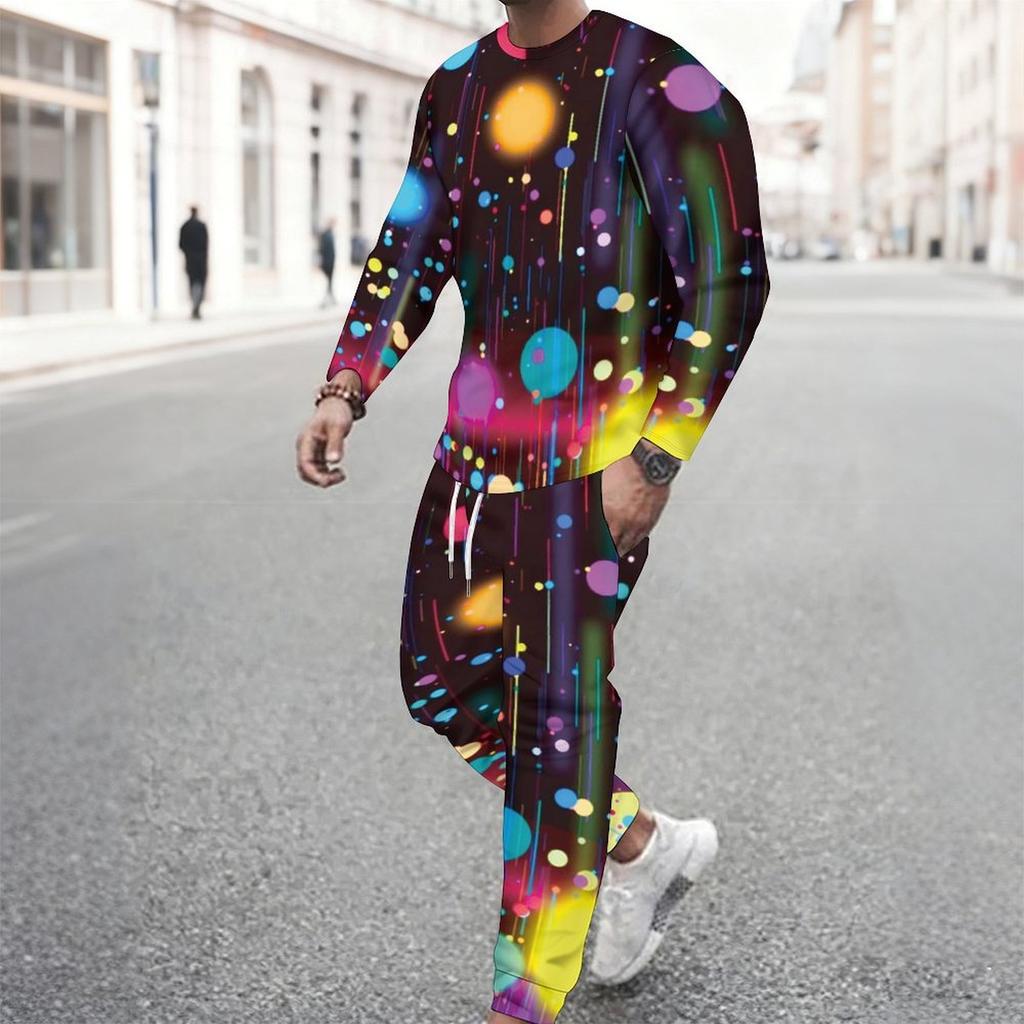 Men Navy Blue White Water Drop Floral Decor Print Long Sleeve Sweatshirt Jogger Pants Two Piece Suit