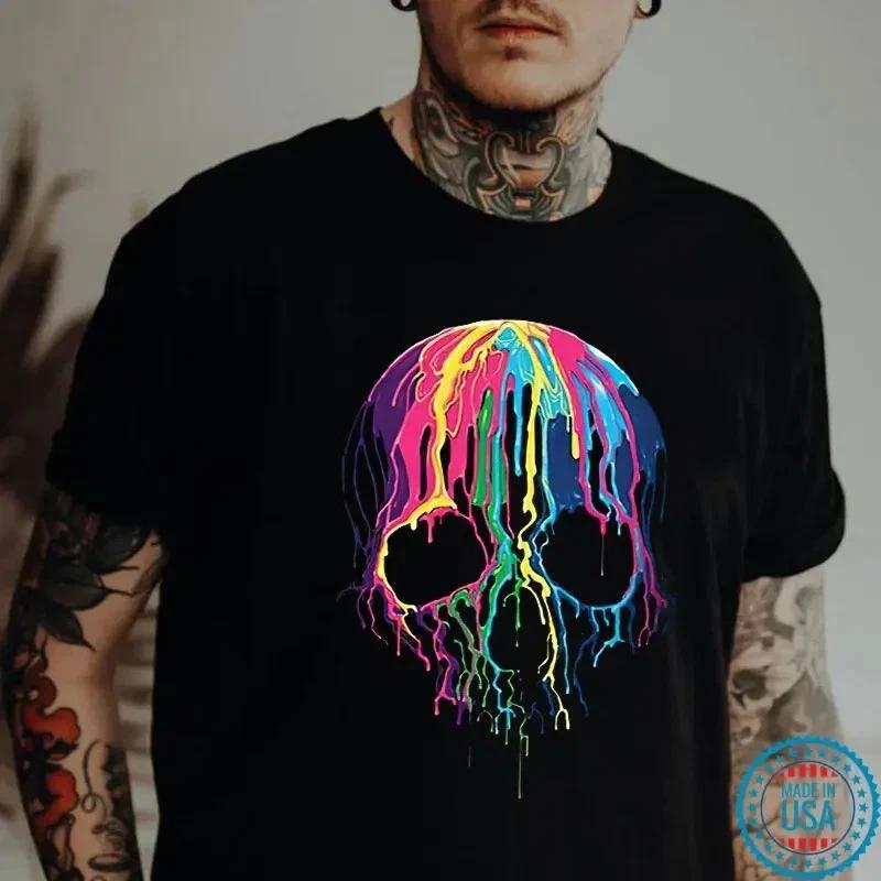 Rainbow Pigment on the Skull Black Print T-Shirt XXXL