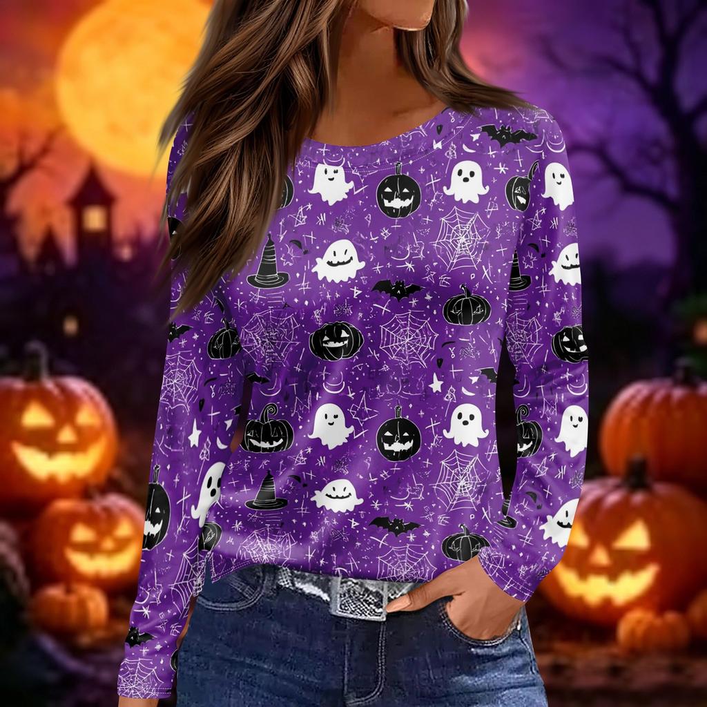 Women's Long Sleeve Halloween Print Top Round Neck Casual Pullover Shirt with Split Hem Lightweight Fabric for Seasonal Wear