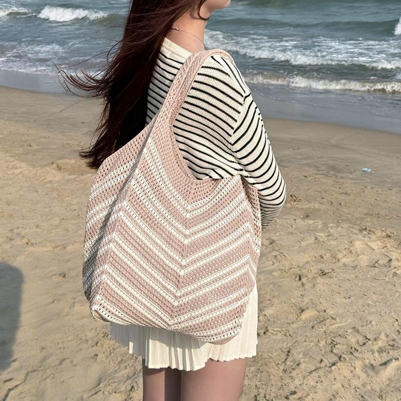 Versatile Knitted Bag for Women, Summer Casual Commuting Patchwork Woven Bag, Beach Vacation Style Beach Bag