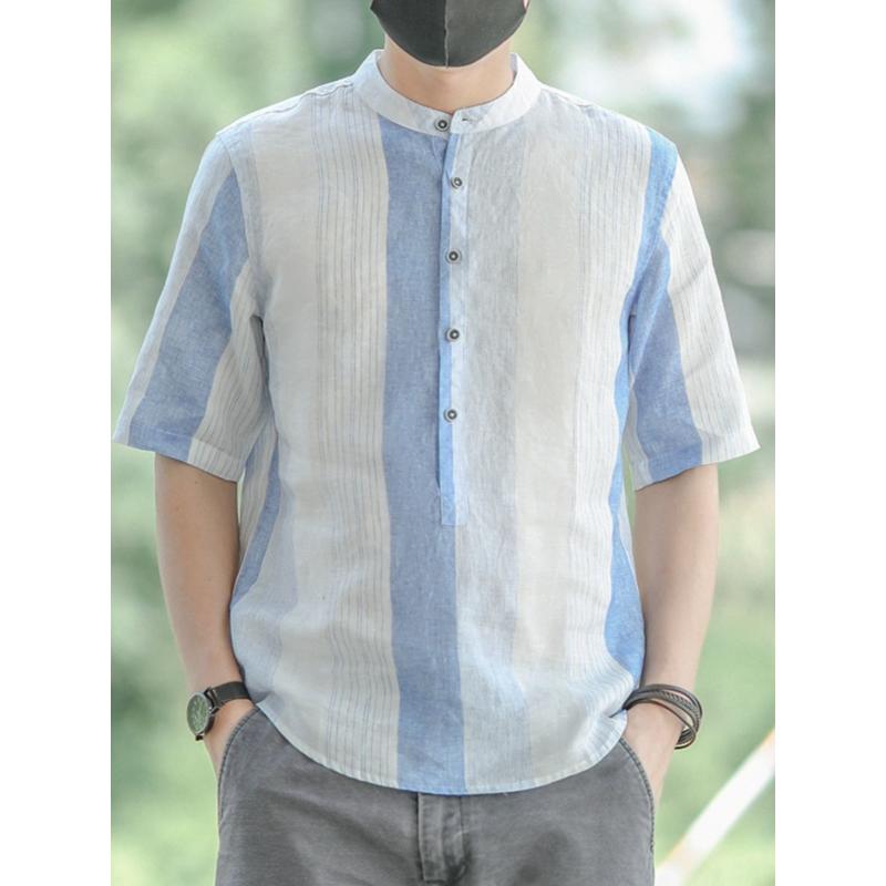 Striped Linen All Match Short Sleeved Men's Shirt Summer New Item, Thin Cotton Linen Breathable Loose Collar Casual Top
